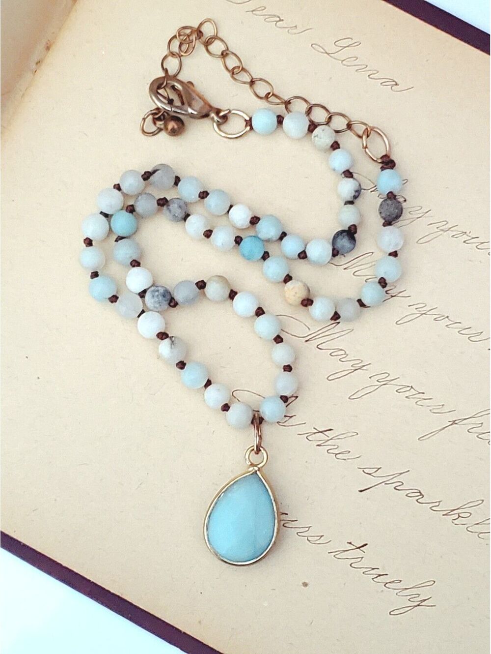 Vintage Boho Rose Quartz Amazonite Light Blue Stone Pendant Necklace
